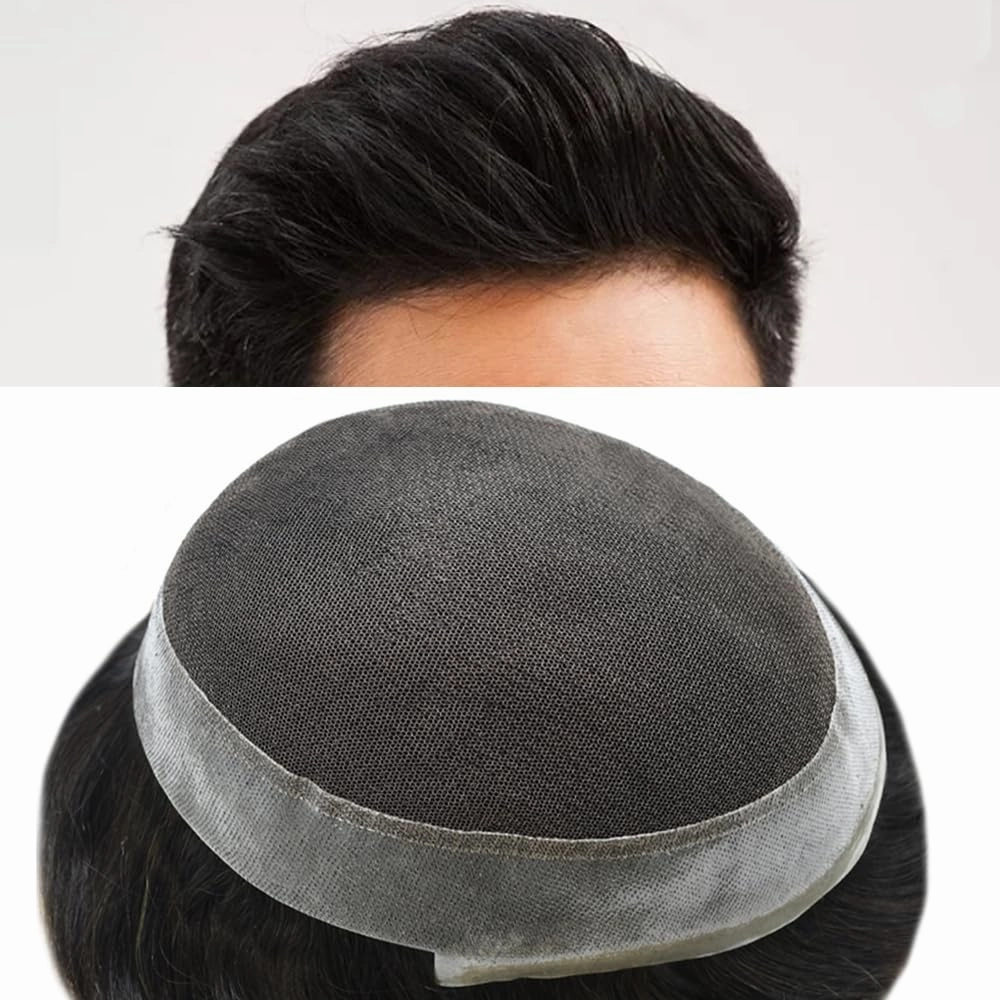 Toupee For Men Hairpiece Lace Center Hair System Replacement Thin Skin Mens Toupee Human Hair Piece Unit For Men 7"x9" #1 JET BLACK 120% density