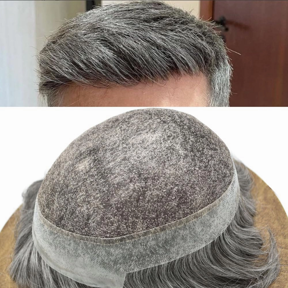 Toupee For Men Hairpiece Lace Center Hair System Replacement Thin Skin Mens Toupee Human Hair Piece Unit For Men 7"x9" #1B60#1B OFF BLACK   60% GREY 120% density