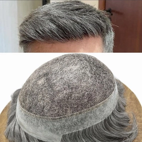 Toupee For Men Hairpiece Lace Center Hair System Replacement Thin Skin Mens Toupee Human Hair Piece Unit For Men 7"x9" #1B60#1B OFF BLACK   60% GREY 120% density