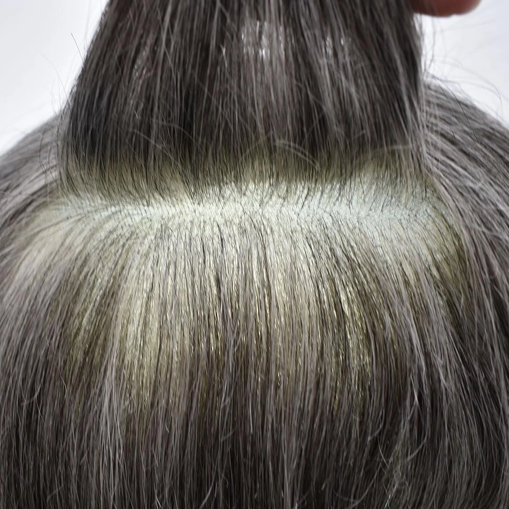 Toupee For Men Hairpiece Lace Center Hair System Replacement Thin Skin Mens Toupee Human Hair Piece Unit For Men 7"x9" #1B60#1B OFF BLACK   60% GREY 120% density