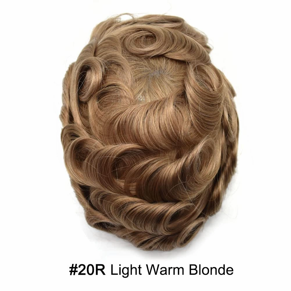 Toupee For Men Human Hair French Lace Brown Hair System Bleached Knot Men Toupee Natural Hairline Blonde Hair Piece For Men Hairpiece 8X10 80% Density #20R Light Warm Blonde