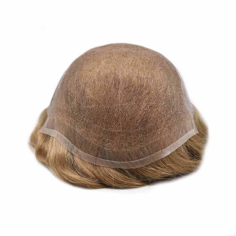 Toupee For Men Human Hair French Lace Brown Hair System Bleached Knot Men Toupee Natural Hairline Blonde Hair Piece For Men Hairpiece 8X10 80% Density #20R Light Warm Blonde