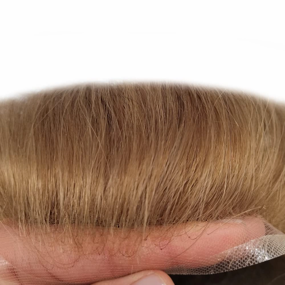 Toupee For Men Human Hair French Lace Brown Hair System Bleached Knot Men Toupee Natural Hairline Blonde Hair Piece For Men Hairpiece 8X10 80% Density #20R Light Warm Blonde