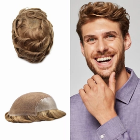 Toupee For Men Human Hair French Lace Brown Hair System Bleached Knot Men Toupee Natural Hairline Blonde Hair Piece For Men Hairpiece 8X10 80% Density #20R Light Warm Blonde