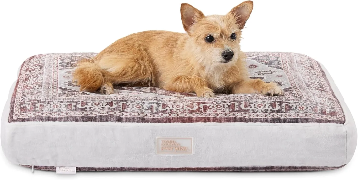 TOWN & COUNTRY EVERYDAY CuddleTown Medallion Everwash® Pillow Pet Bed, Water Repellent Floor Pillow, Machine Washable Cover, Soft & Calming, Red/Greige, Small 28"x22"x4"