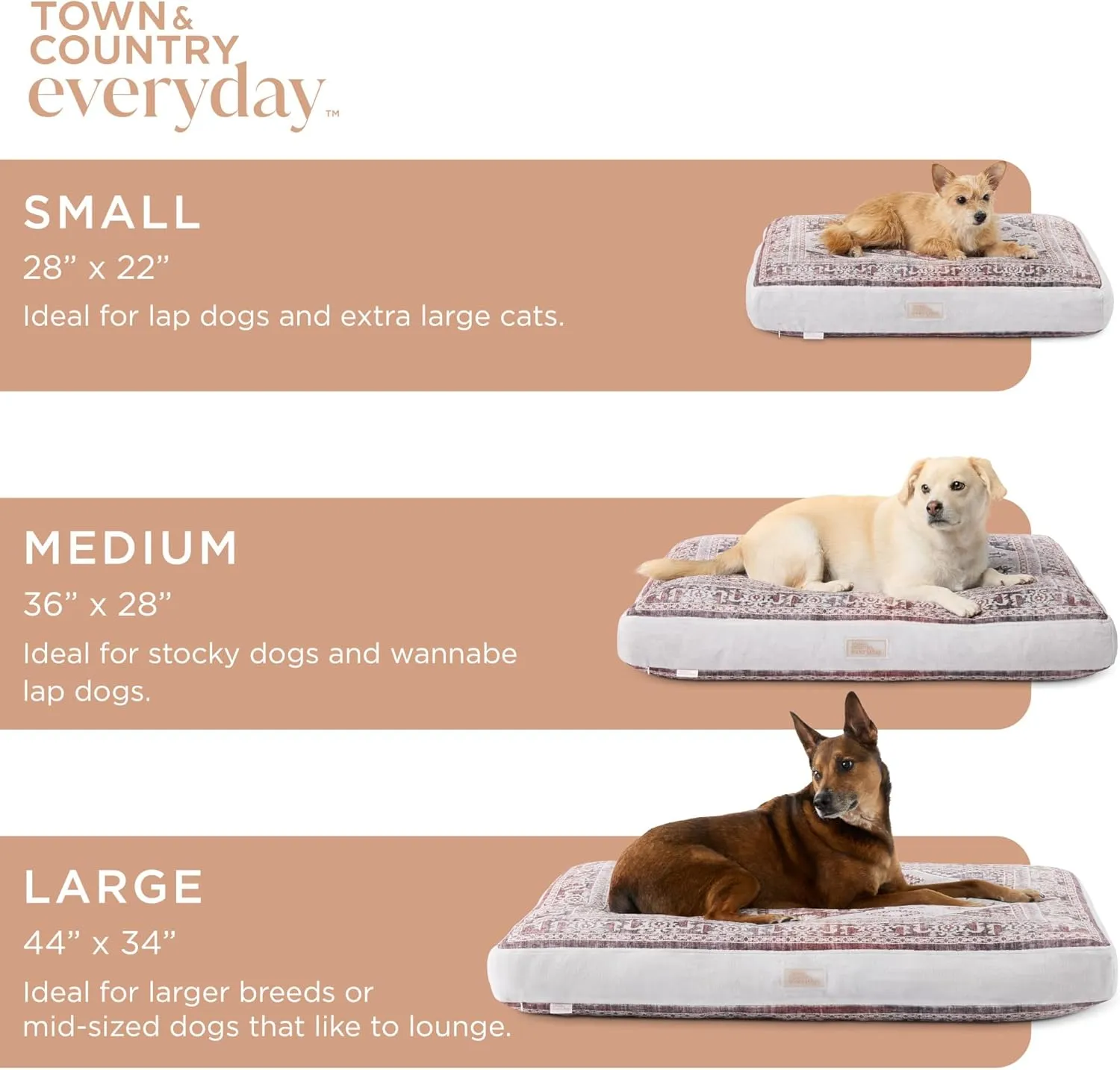 TOWN & COUNTRY EVERYDAY CuddleTown Medallion Everwash® Pillow Pet Bed, Water Repellent Floor Pillow, Machine Washable Cover, Soft & Calming, Red/Greige, Small 28"x22"x4"