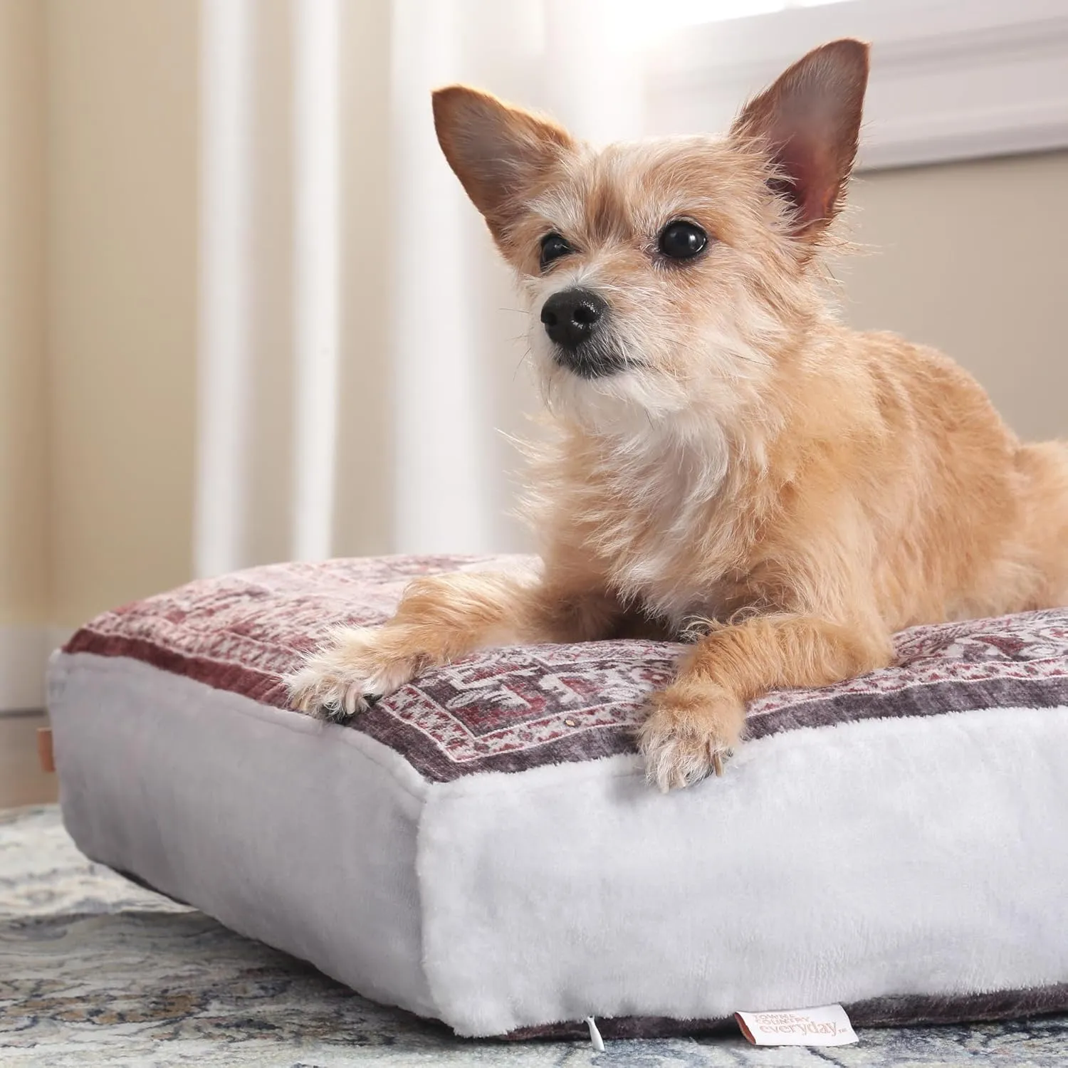 TOWN & COUNTRY EVERYDAY CuddleTown Medallion Everwash® Pillow Pet Bed, Water Repellent Floor Pillow, Machine Washable Cover, Soft & Calming, Red/Greige, Small 28"x22"x4"