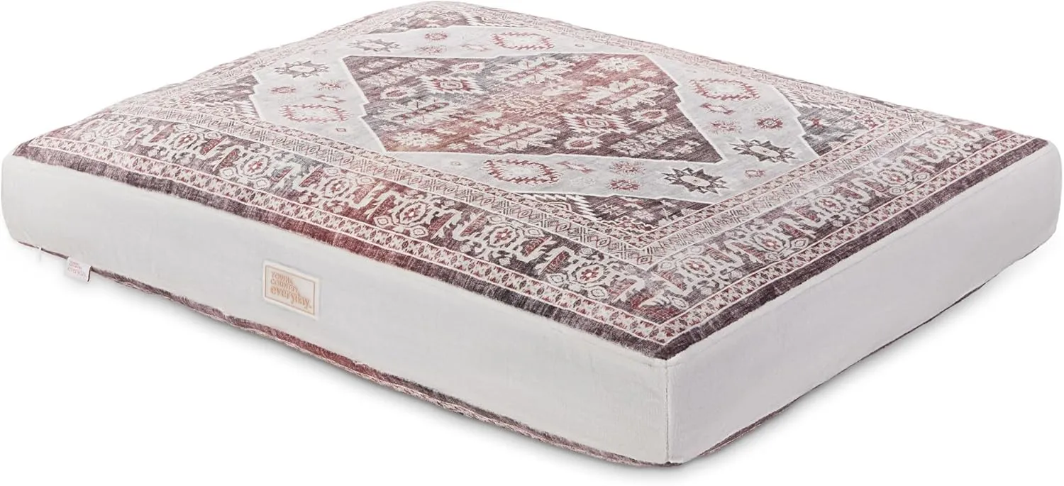 TOWN & COUNTRY EVERYDAY CuddleTown Medallion Everwash® Pillow Pet Bed, Water Repellent Floor Pillow, Machine Washable Cover, Soft & Calming, Red/Greige, Small 28"x22"x4"