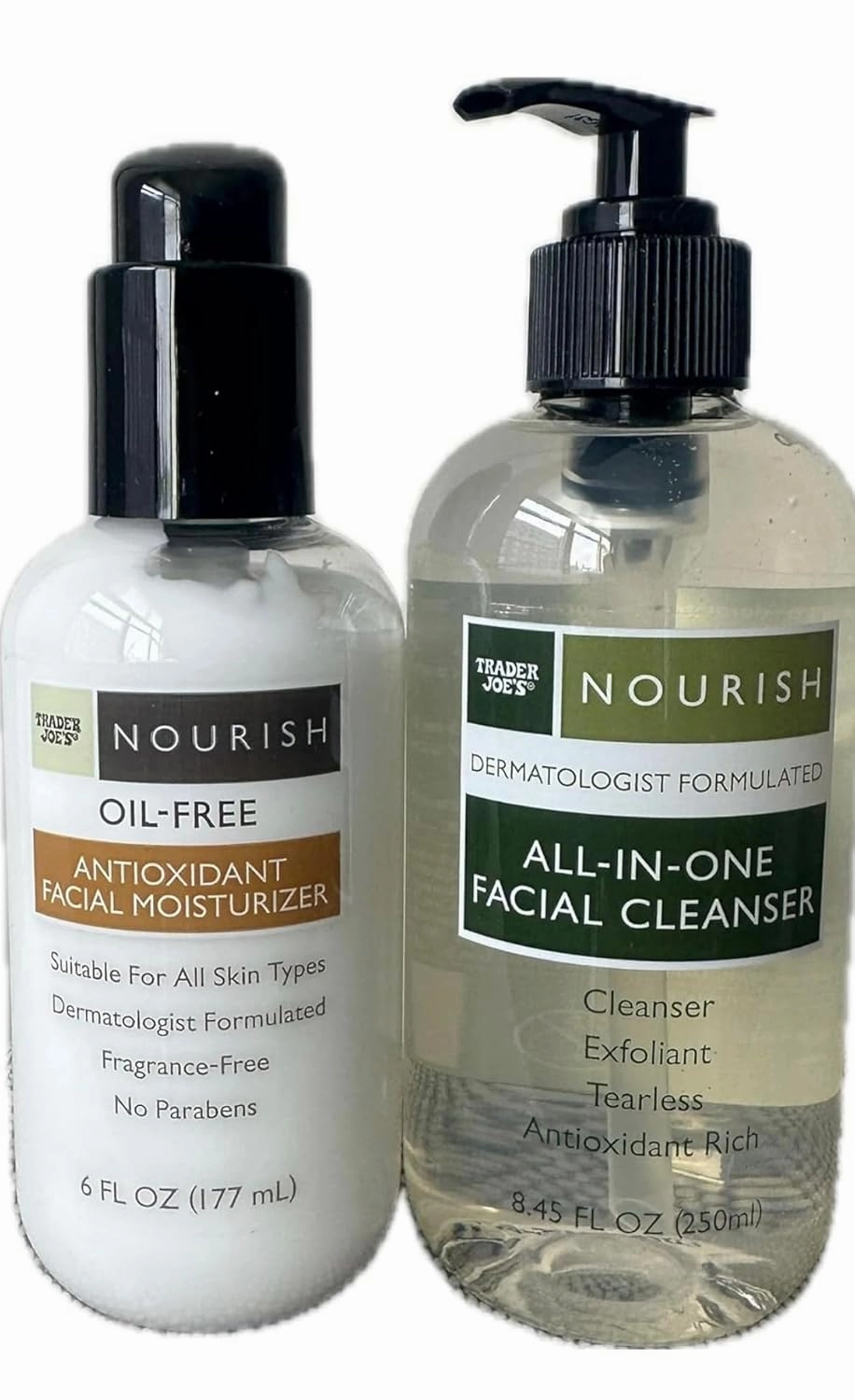 Trader Joe's Nourish Skincare Set, Oil-Free Antioxidant Facial Moisturizer 6 fl oz and Facial Cleanser 8.45 fl oz, Dermatologist Formulated, Fragrance-Free