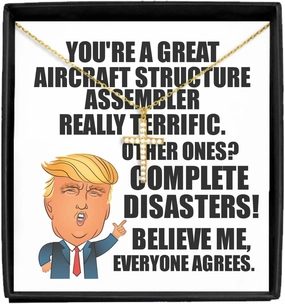 Trump Aircraft Structure Assembler Necklace Pendant Funny Gift For Coworker Gag Great President Fan Potus Quote Office Joke Jewelry With Chain Message Card Box