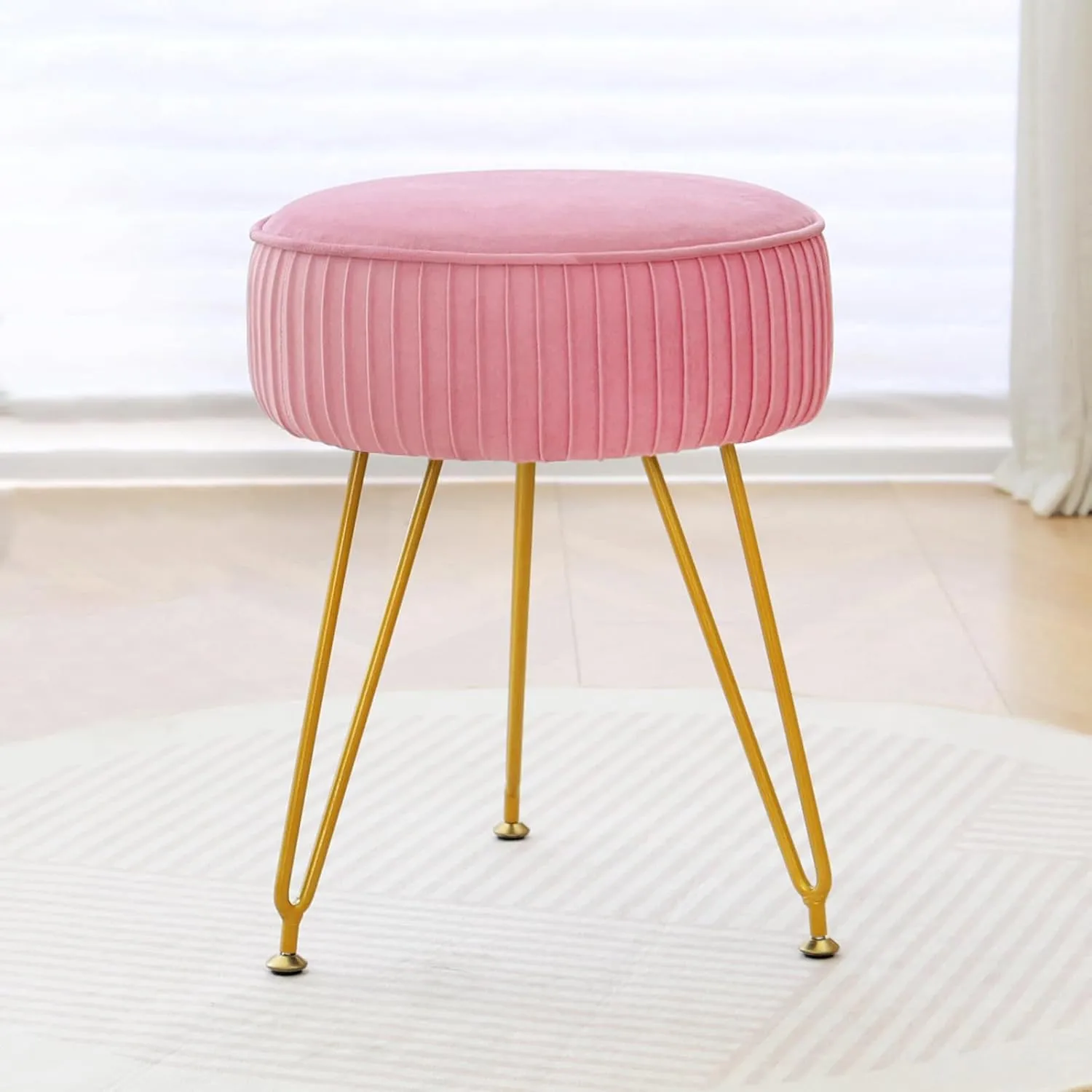 Velvet Vanity Stool Chair, Round Makeup Vanity Chair with Adjustable Metal Legs & Soft Padded Seat, Ottoman Foot Stool for Bedroom, Living Room, Entryway, Pink