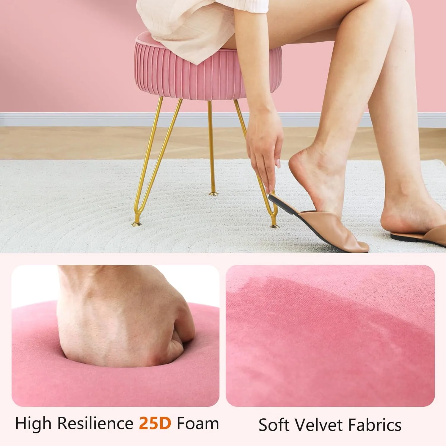Velvet Vanity Stool Chair, Round Makeup Vanity Chair with Adjustable Metal Legs & Soft Padded Seat, Ottoman Foot Stool for Bedroom, Living Room, Entryway, Pink