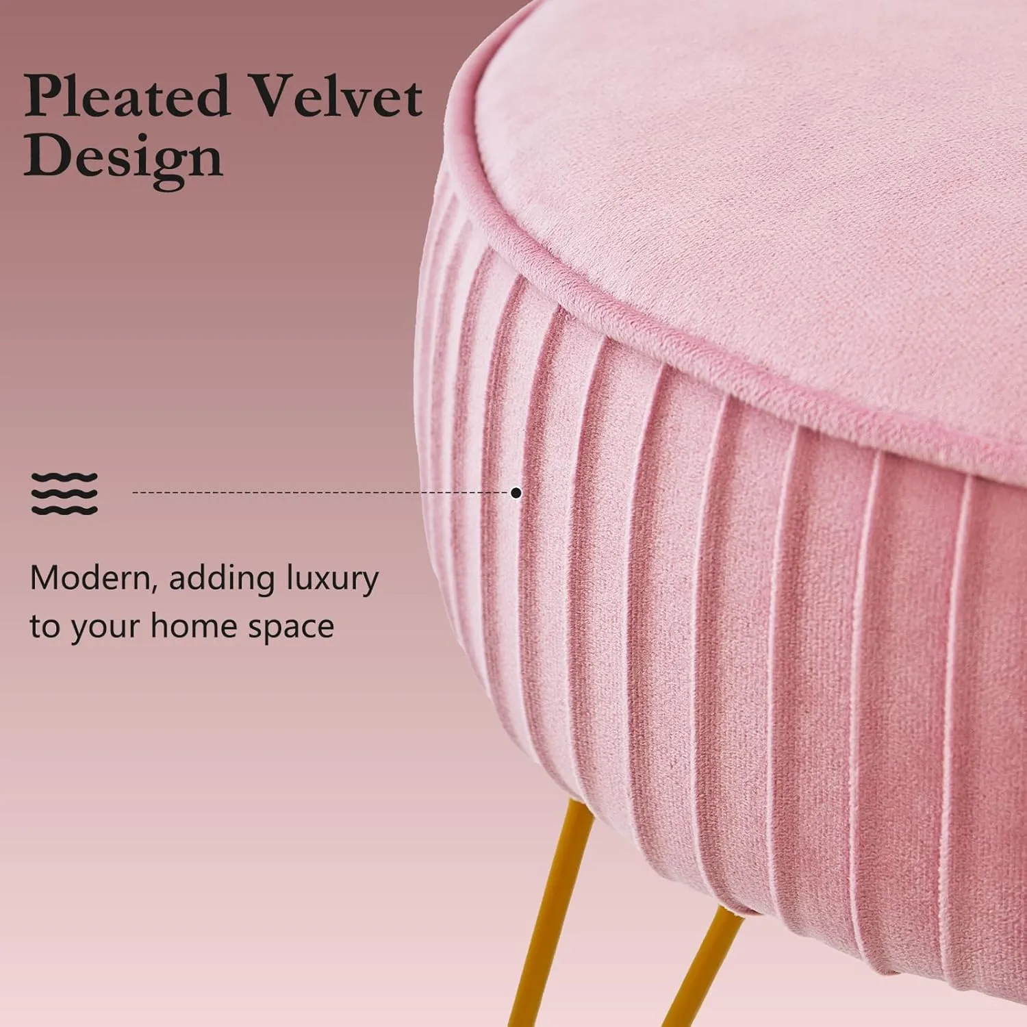 Velvet Vanity Stool Chair, Round Makeup Vanity Chair with Adjustable Metal Legs & Soft Padded Seat, Ottoman Foot Stool for Bedroom, Living Room, Entryway, Pink