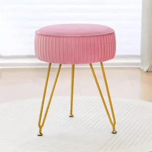 Velvet Vanity Stool Chair, Round Makeup Vanity Chair with Adjustable Metal Legs & Soft Padded Seat, Ottoman Foot Stool for Bedroom, Living Room, Entryway, Pink