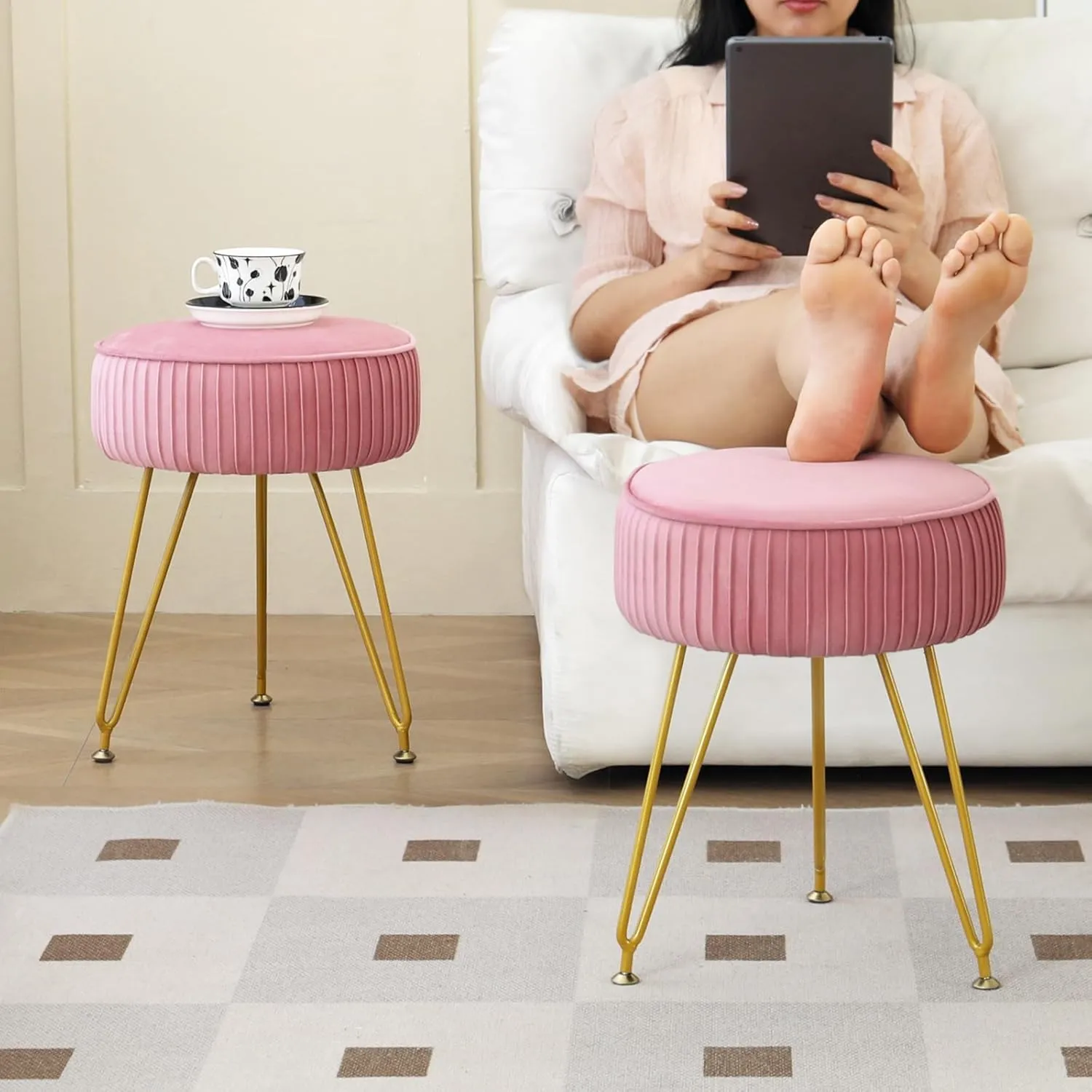 Velvet Vanity Stool Chair, Round Makeup Vanity Chair with Adjustable Metal Legs & Soft Padded Seat, Ottoman Foot Stool for Bedroom, Living Room, Entryway, Pink