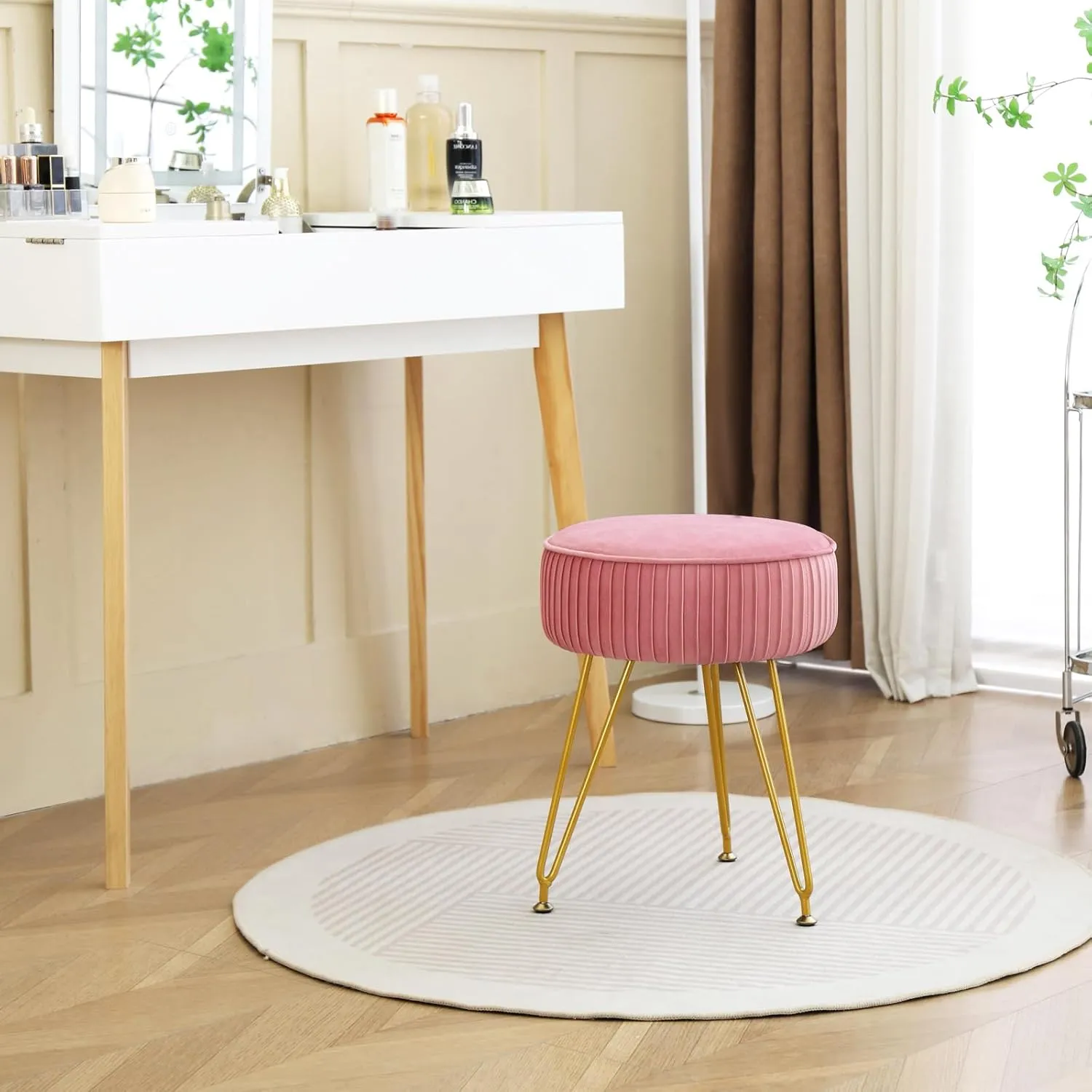 Velvet Vanity Stool Chair, Round Makeup Vanity Chair with Adjustable Metal Legs & Soft Padded Seat, Ottoman Foot Stool for Bedroom, Living Room, Entryway, Pink