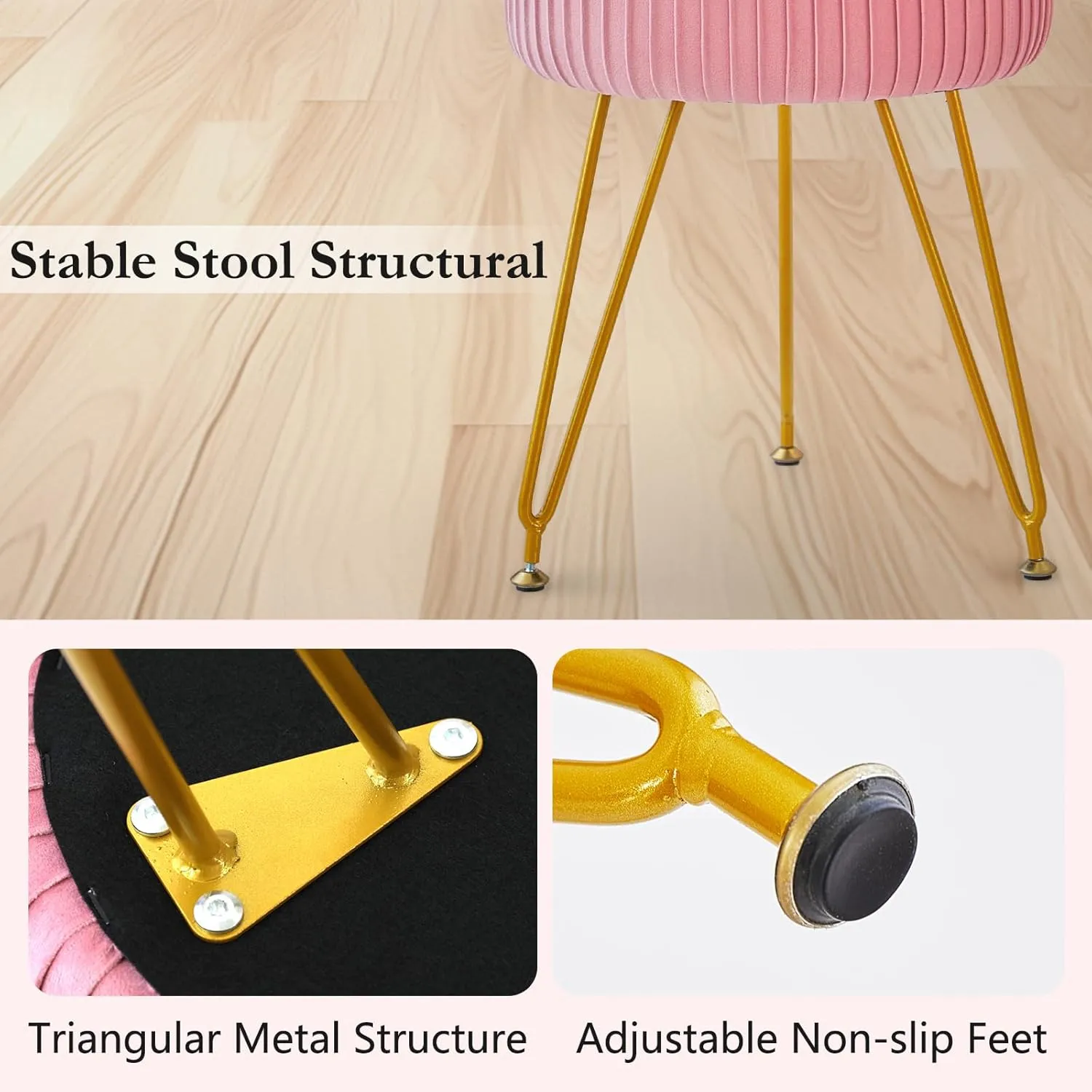 Velvet Vanity Stool Chair, Round Makeup Vanity Chair with Adjustable Metal Legs & Soft Padded Seat, Ottoman Foot Stool for Bedroom, Living Room, Entryway, Pink