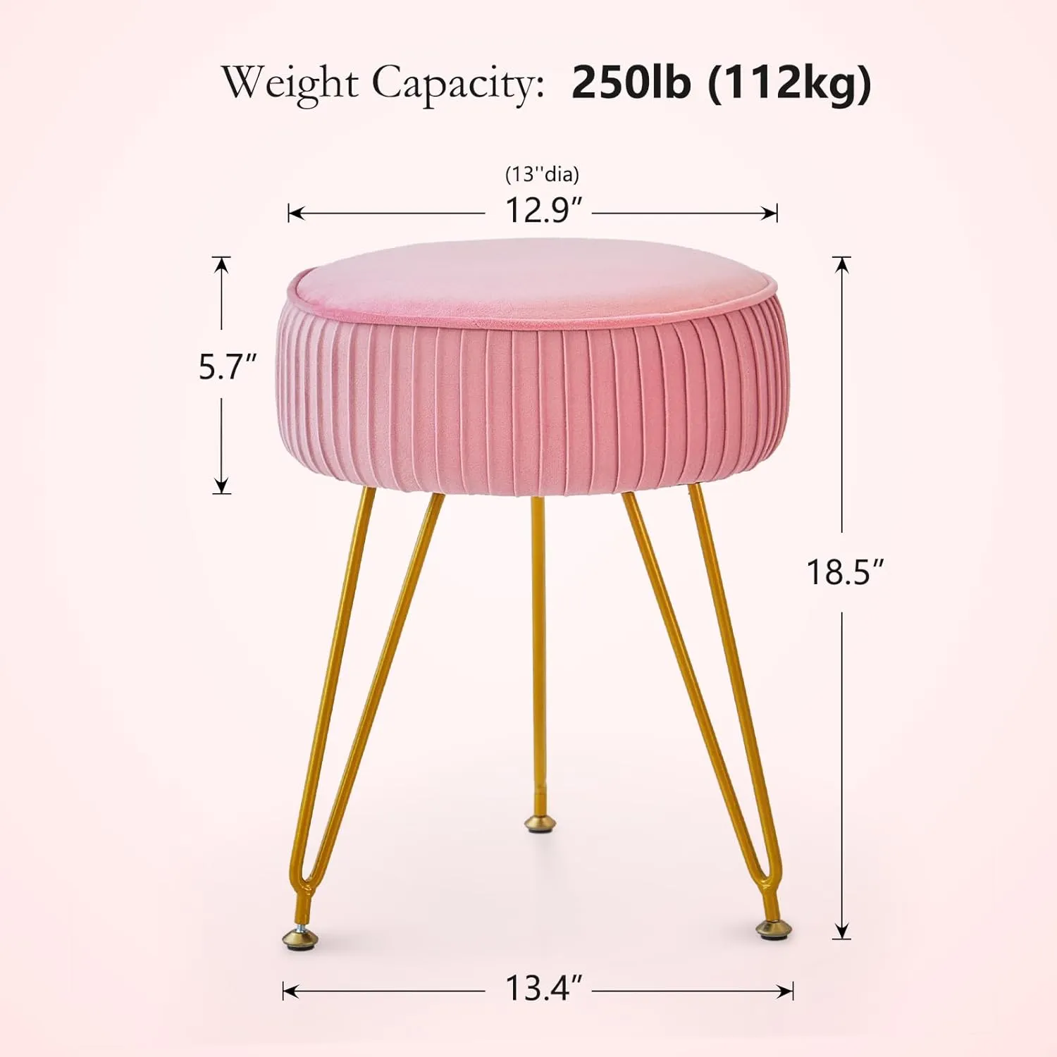 Velvet Vanity Stool Chair, Round Makeup Vanity Chair with Adjustable Metal Legs & Soft Padded Seat, Ottoman Foot Stool for Bedroom, Living Room, Entryway, Pink