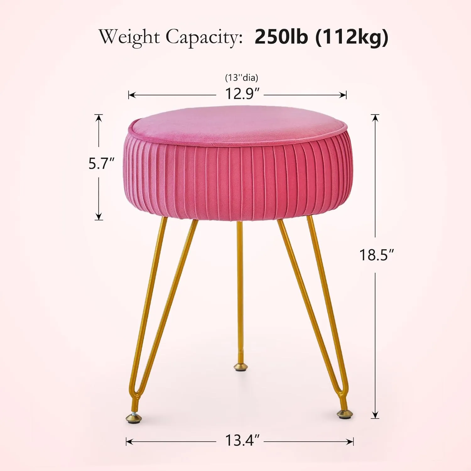 Velvet Vanity Stool Chair, Round Makeup Vanity Chair with Adjustable Metal Legs & Soft Padded Seat, Ottoman Foot Stool for Bedroom, Living Room, Entryway, Rose Red