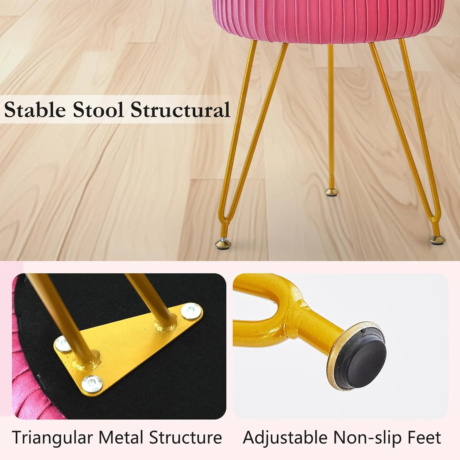Velvet Vanity Stool Chair, Round Makeup Vanity Chair with Adjustable Metal Legs & Soft Padded Seat, Ottoman Foot Stool for Bedroom, Living Room, Entryway, Rose Red