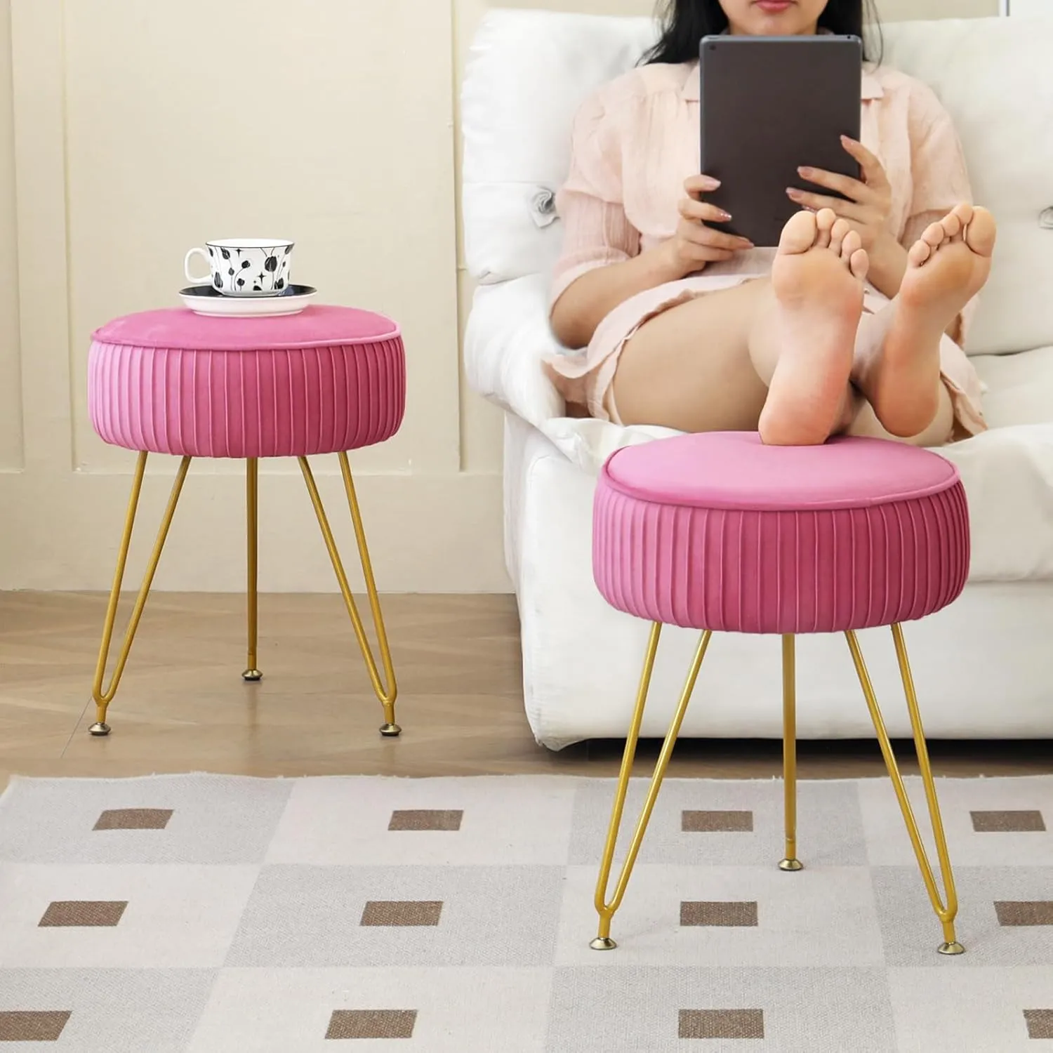 Velvet Vanity Stool Chair, Round Makeup Vanity Chair with Adjustable Metal Legs & Soft Padded Seat, Ottoman Foot Stool for Bedroom, Living Room, Entryway, Rose Red