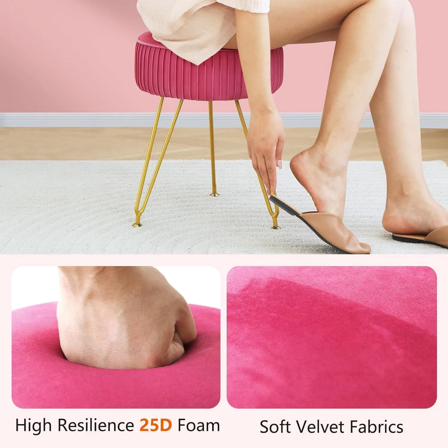 Velvet Vanity Stool Chair, Round Makeup Vanity Chair with Adjustable Metal Legs & Soft Padded Seat, Ottoman Foot Stool for Bedroom, Living Room, Entryway, Rose Red