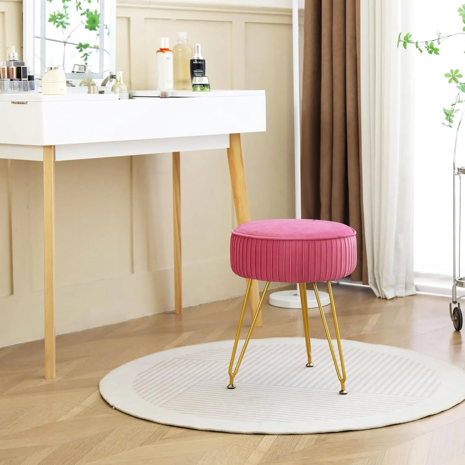 Velvet Vanity Stool Chair, Round Makeup Vanity Chair with Adjustable Metal Legs & Soft Padded Seat, Ottoman Foot Stool for Bedroom, Living Room, Entryway, Rose Red