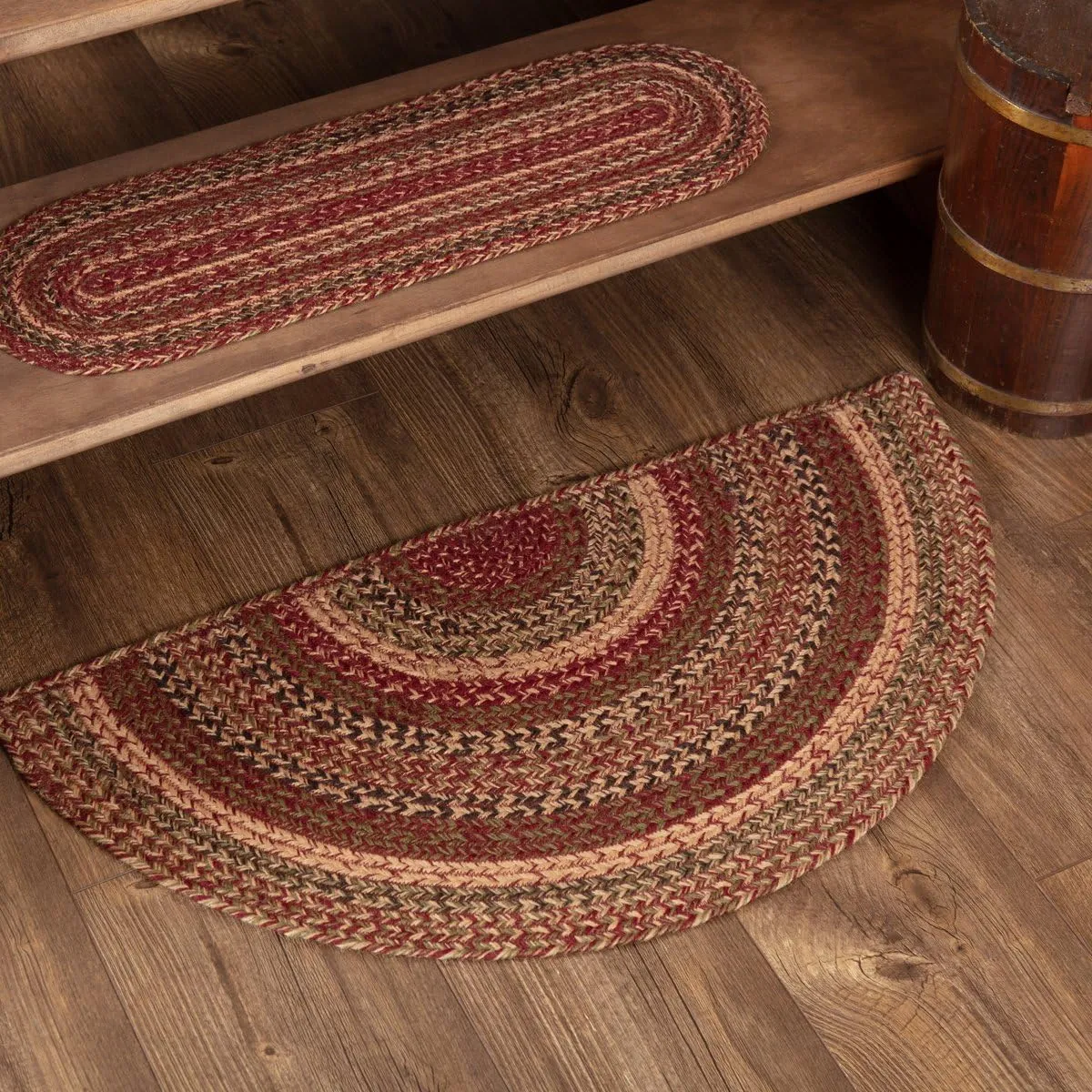 VHC Brands Cider Mill Primitive Jute Red Striped Rug Half Circle Decor w/Floor Pad 16.5"x33"