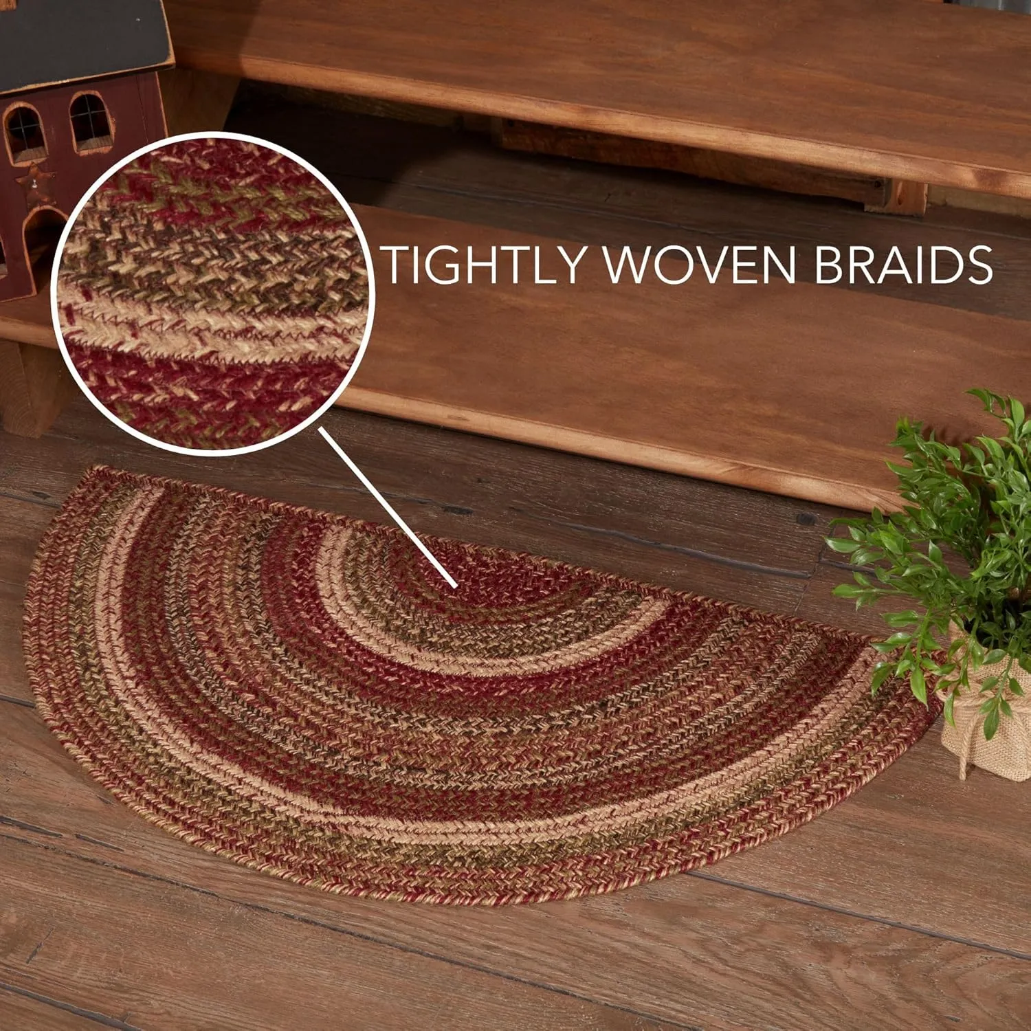 VHC Brands Cider Mill Primitive Jute Red Striped Rug Half Circle Decor w/Floor Pad 16.5"x33"