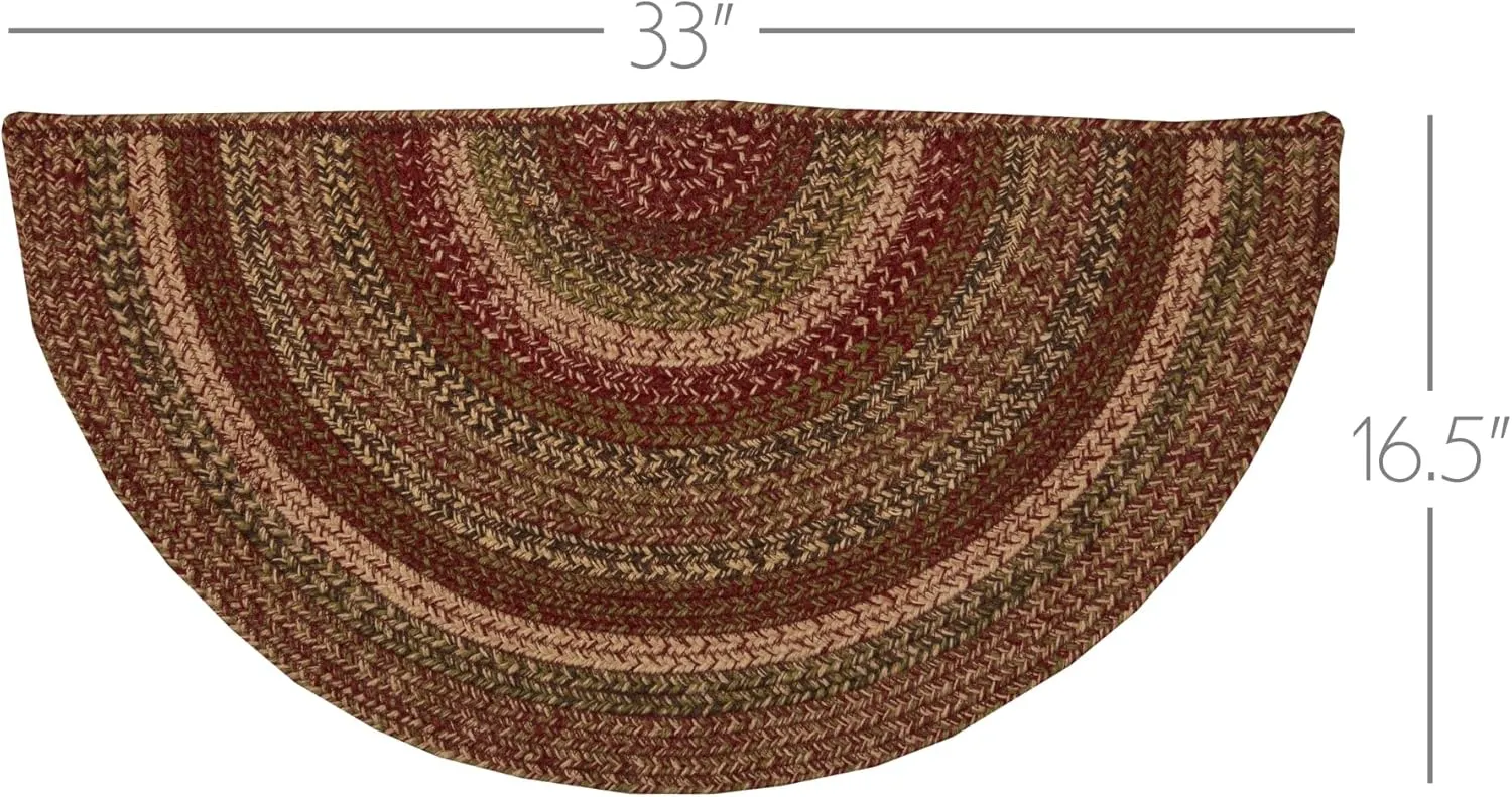 VHC Brands Cider Mill Primitive Jute Red Striped Rug Half Circle Decor w/Floor Pad 16.5"x33"