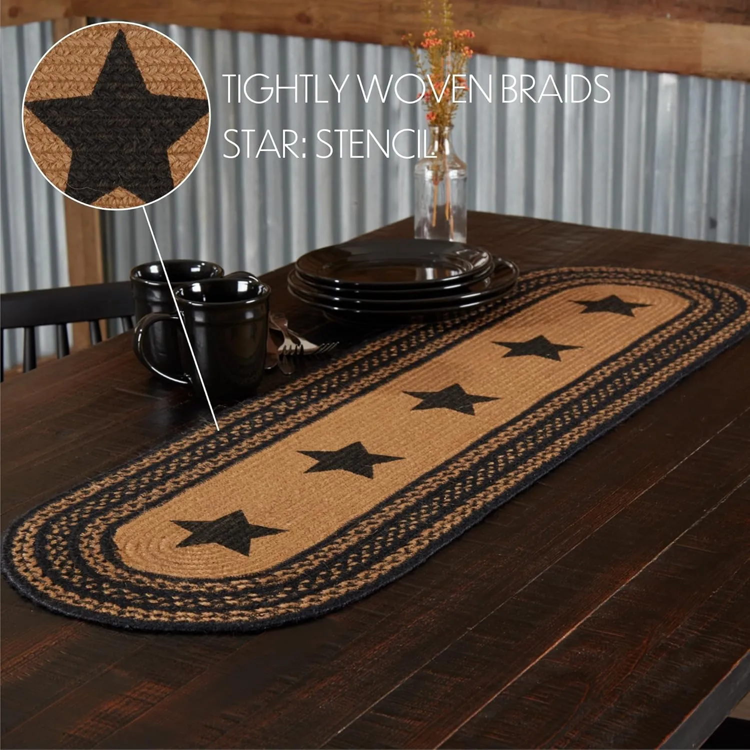 VHC Brands Farmhouse Primitive Jute Black Thanksgiving Table Runner w/Stenciled Stars 13"x48"