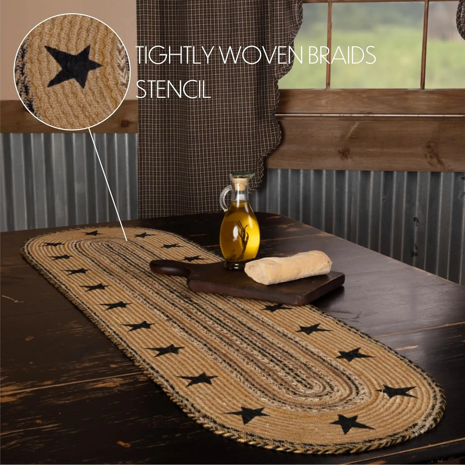 VHC Brands Kettle Grove Primitive Stars Border Table Jute Runner Stenciled Textured Jute 13x48