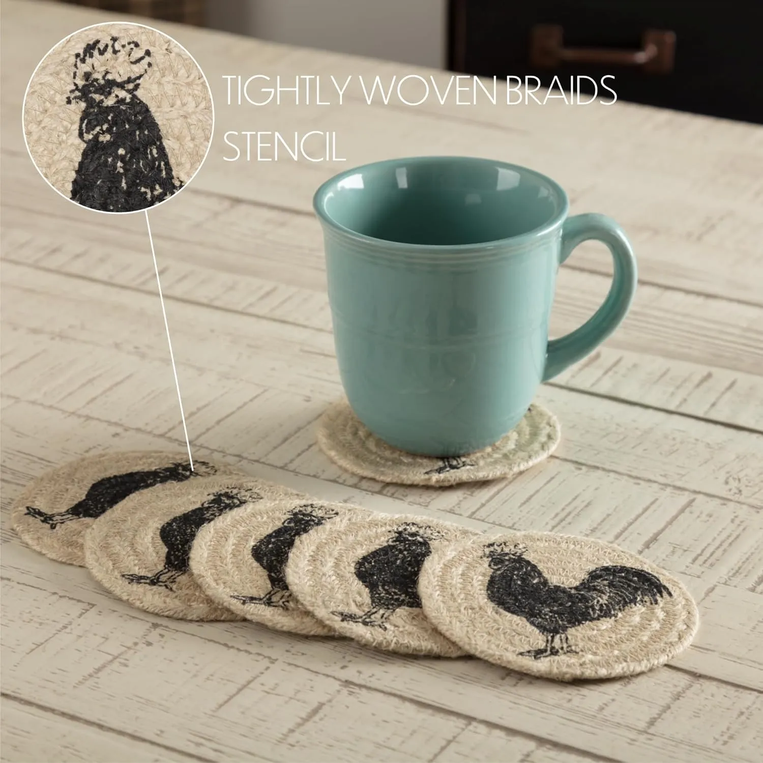 VHC Brands Sawyer Mill Charcoal Table Décor, Coaster Set, Poultry