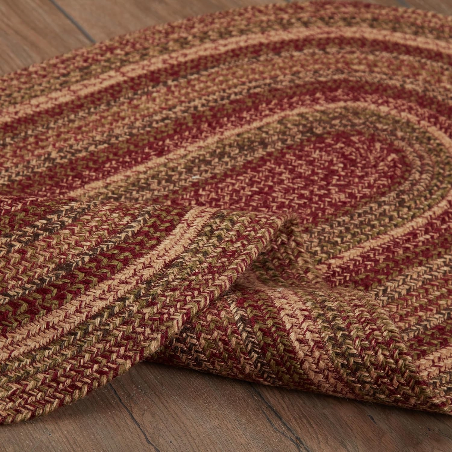 VHC Brands 69418 Cider Mill Jute Collection 27 x 48 Inch Country Braided Oval Entryway Area Rug with Non Slip Pad, Burgundy and Tan