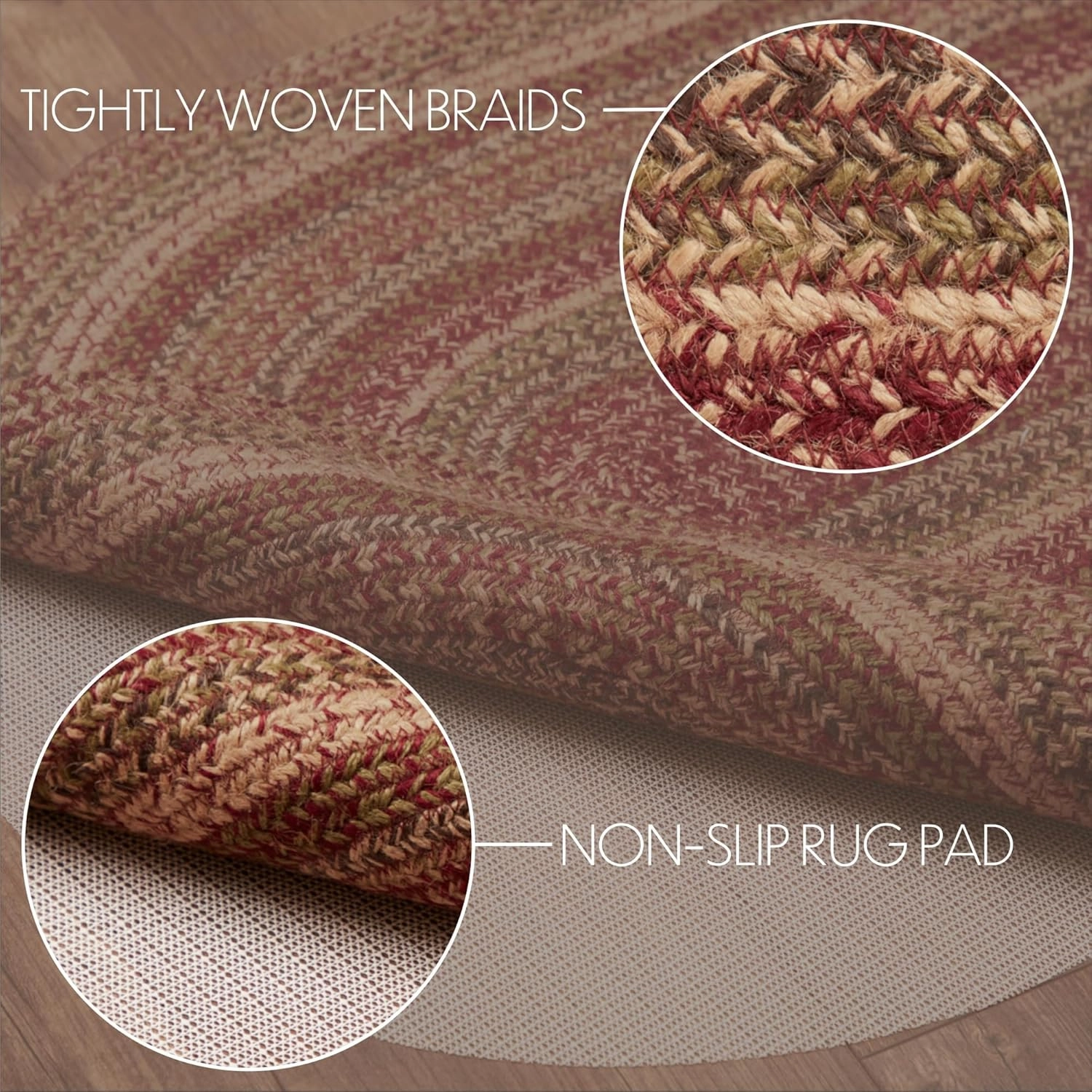 VHC Brands 69418 Cider Mill Jute Collection 27 x 48 Inch Country Braided Oval Entryway Area Rug with Non Slip Pad, Burgundy and Tan