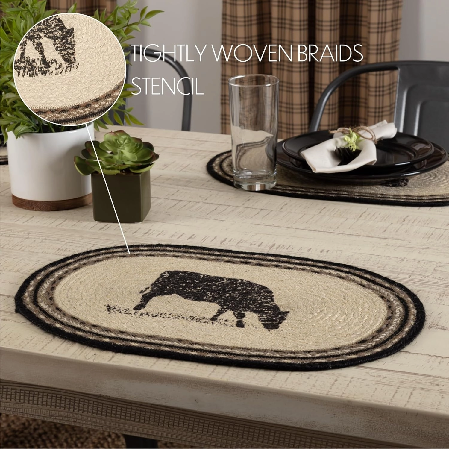 VHC Brands Sawyer Mill Charcoal Table Décor, Placemat Set 12x18, Cow