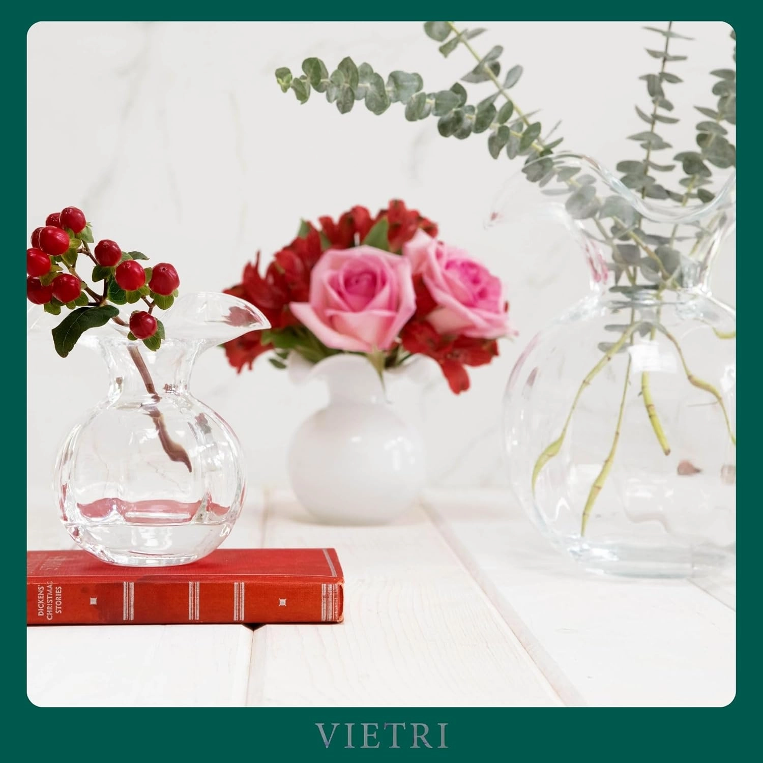Vietri Hibiscus Glass Clear Medium Fluted Vase 9" D, 10" H Glass Flower Vase, Living RoomDecor