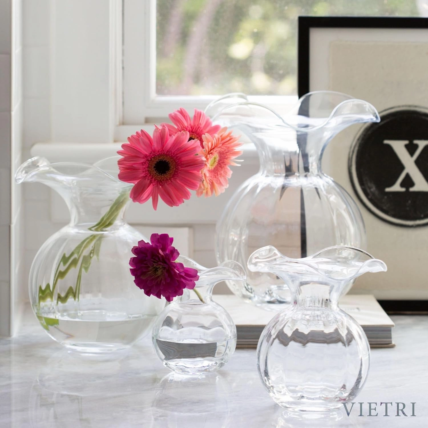 Vietri Hibiscus Glass Clear Medium Fluted Vase 9" D, 10" H Glass Flower Vase, Living RoomDecor