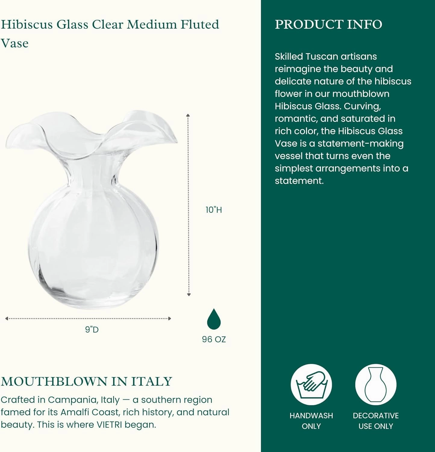 Vietri Hibiscus Glass Clear Medium Fluted Vase 9" D, 10" H Glass Flower Vase, Living RoomDecor