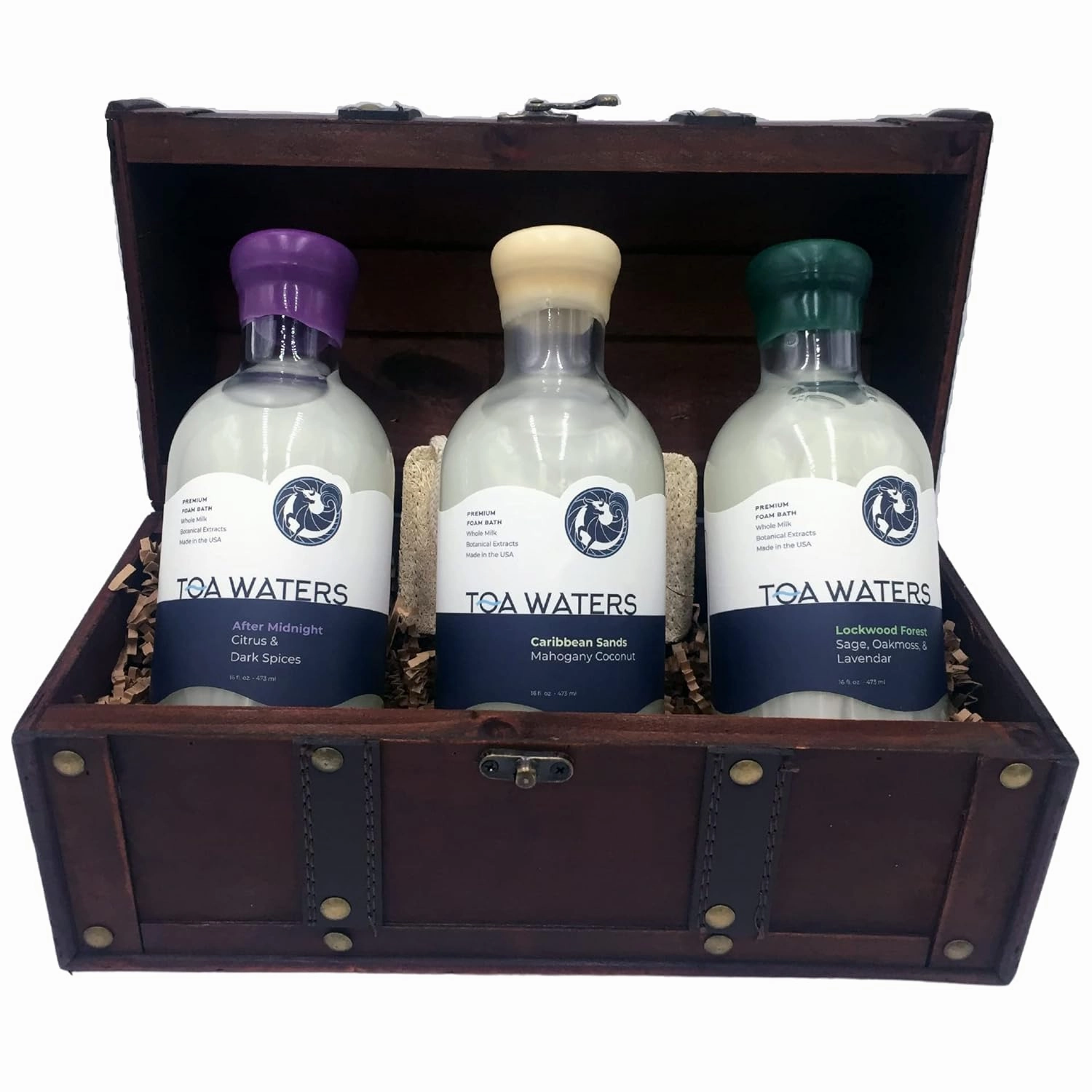Vintage Spa Bubble Bath Gift Set with Collector's Wooden Trunk - Features 3 Premium Bubble Bath Bottles, Natural Loofah Sponge, and Vintage Wooden Trunk - by TOA Waters