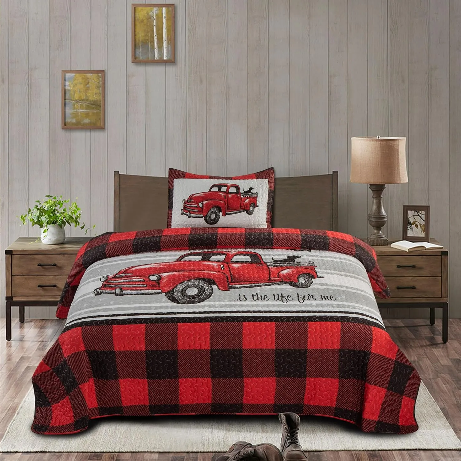 Virah Bella 2 Piece Twin Cabin Quilt Bedding Set - Farm Life - Red & Black Plaid - Rustic Country Reversible Patchwork Comforter Set with Decorative Pillow Shams
