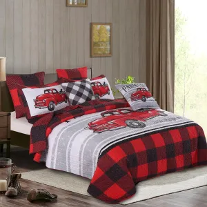 Virah Bella 2 Piece Twin Cabin Quilt Bedding Set - Farm Life - Red & Black Plaid - Rustic Country Reversible Patchwork Comforter Set with Decorative Pillow Shams