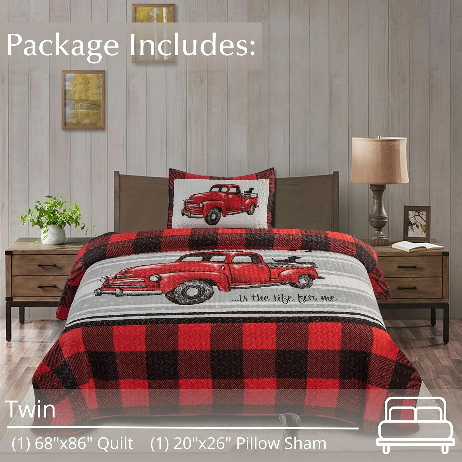 Virah Bella 2 Piece Twin Cabin Quilt Bedding Set - Farm Life - Red & Black Plaid - Rustic Country Reversible Patchwork Comforter Set with Decorative Pillow Shams