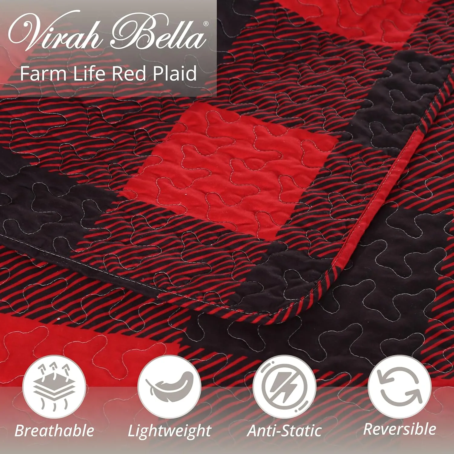 Virah Bella 2 Piece Twin Cabin Quilt Bedding Set - Farm Life - Red & Black Plaid - Rustic Country Reversible Patchwork Comforter Set with Decorative Pillow Shams