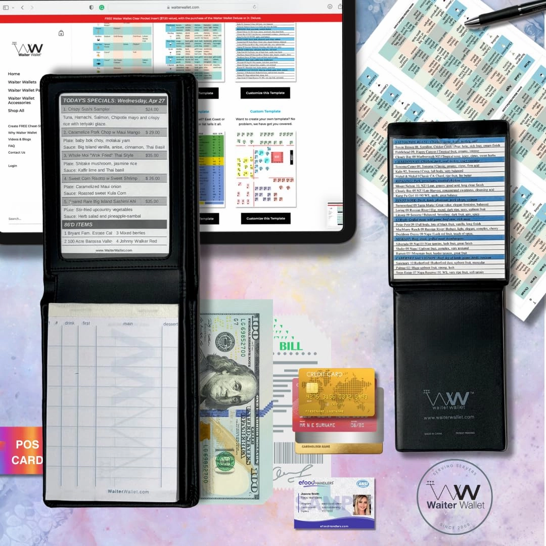 Waiter Wallet Deluxe (Black) Server Book Organizer with Clear Pocket Insert for Waiters and Waitresses | Includes Restaurant Guest Order Pad | Medium Size fits Apron Pockets | 4.75" x 6.75"