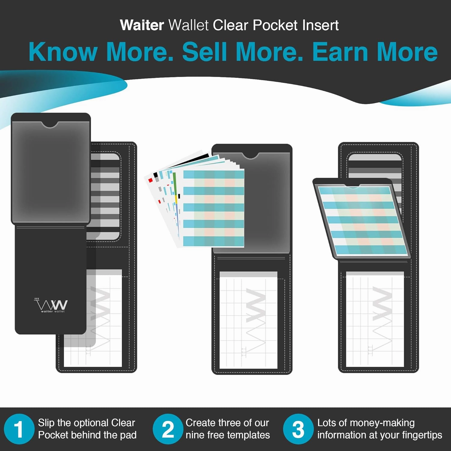Waiter Wallet Deluxe (Black) Server Book Organizer with Clear Pocket Insert for Waiters and Waitresses | Includes Restaurant Guest Order Pad | Medium Size fits Apron Pockets | 4.75" x 6.75"