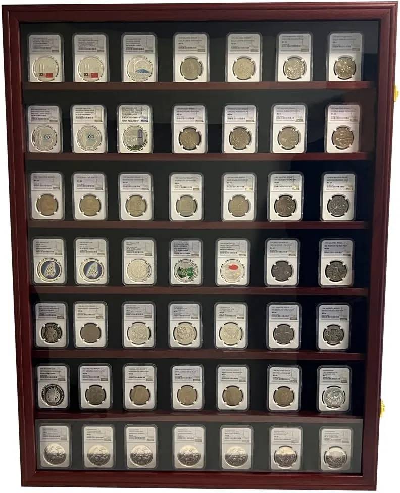 Wall-Mounted Walnut (7 Rows) NGC PCGS ICG Wooden Coin Slab Display Case Holder Frame Cabinet Storage for Coin Collection Medal Badges Sport Card Trading Card Collectibles Organization