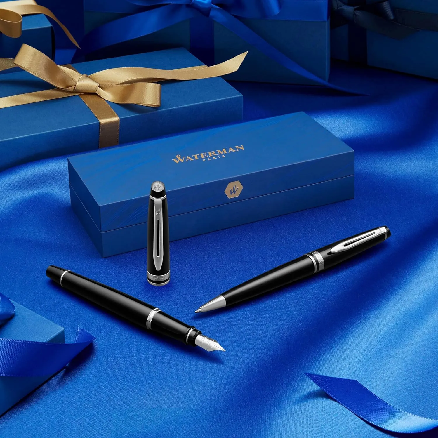 Waterman Expert Ballpoint Pen, Stainless Steel with 23k Gold Trim, Medium Point with Blue Ink Cartridge, Gift Box
