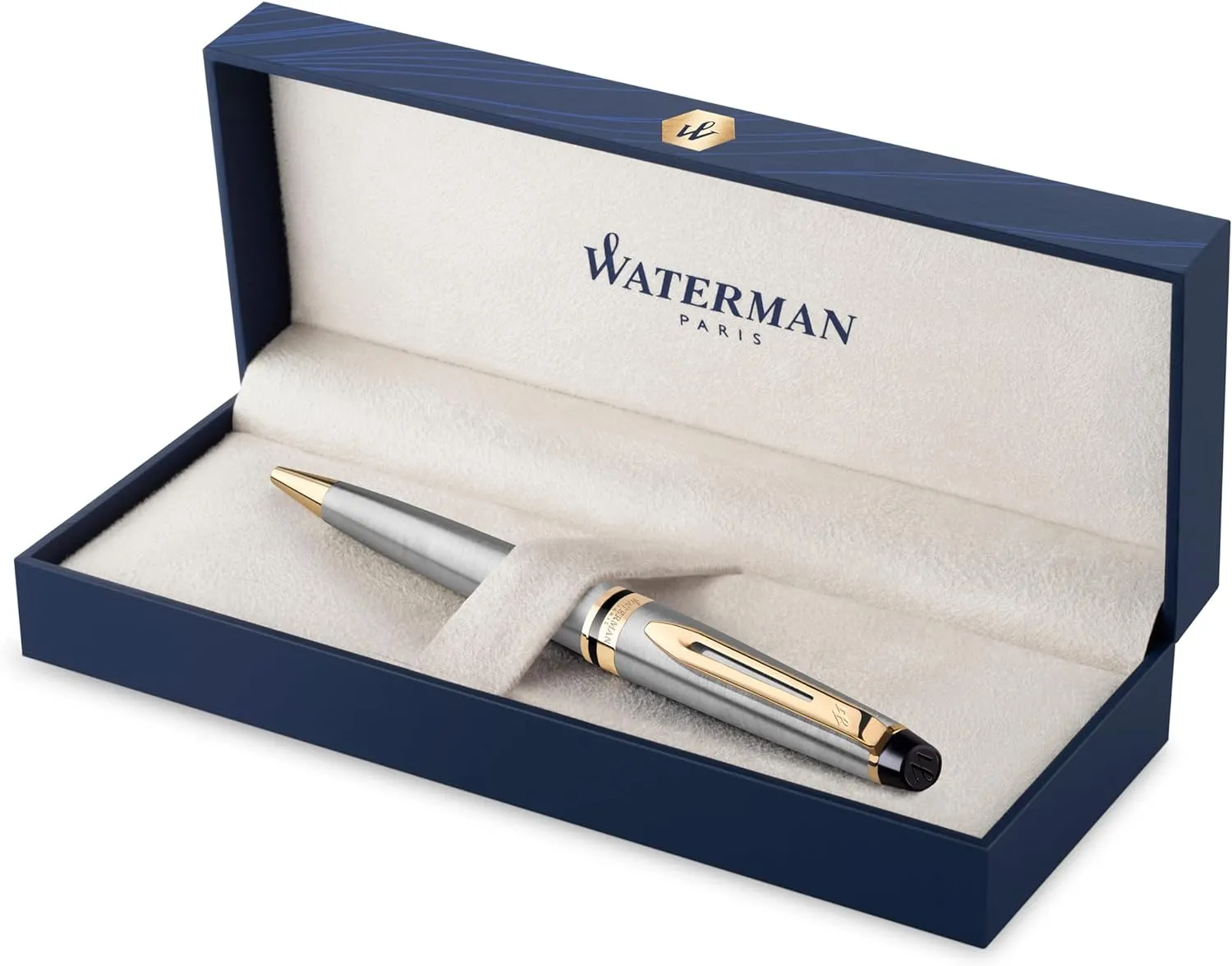 Waterman Expert Ballpoint Pen, Stainless Steel with 23k Gold Trim, Medium Point with Blue Ink Cartridge, Gift Box