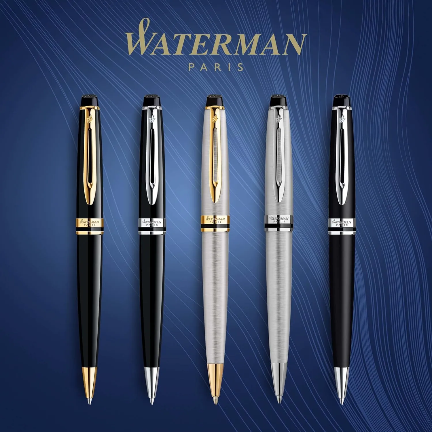 Waterman Expert Ballpoint Pen, Stainless Steel with 23k Gold Trim, Medium Point with Blue Ink Cartridge, Gift Box